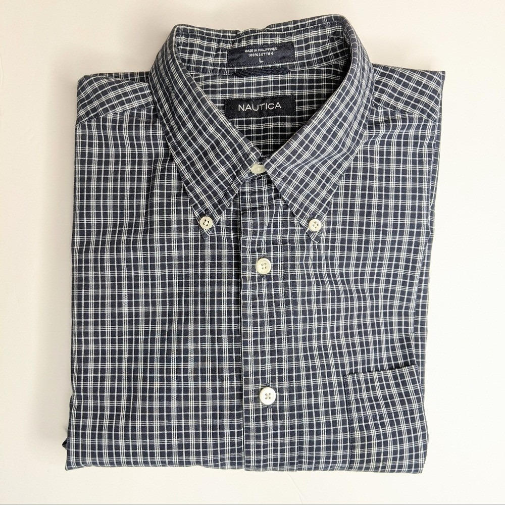 Nautica Mens Blue White Plaid Check Short Sleeve Button Down Shirt Large L - Picture 3 of 11
